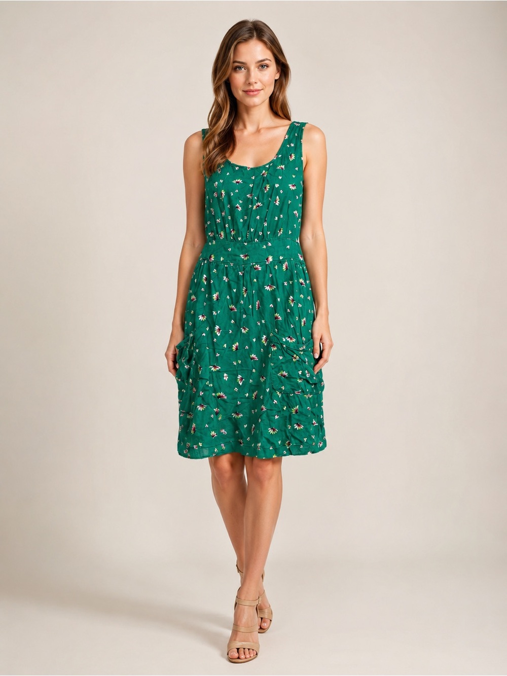Green Floral Sleeveless Dress Size S/P Above Knee